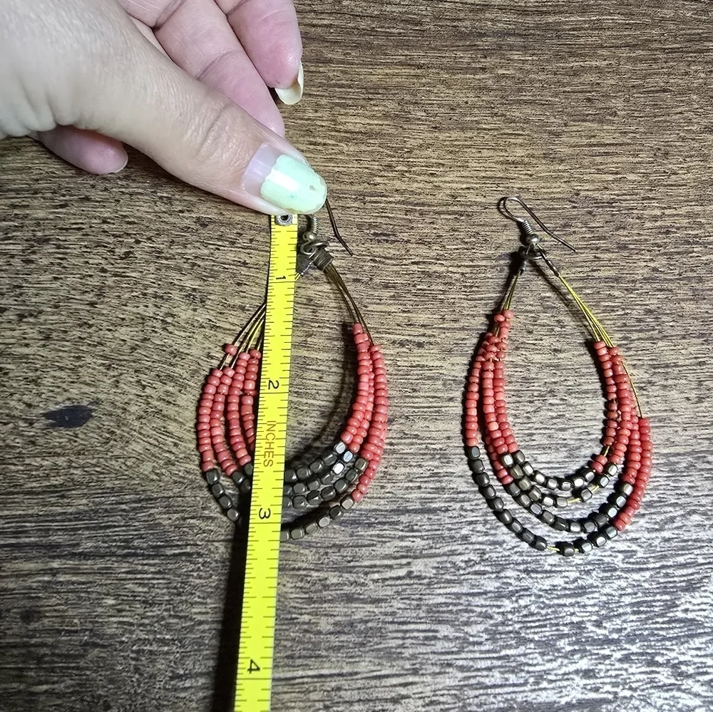 Boho beaded red and gray dangling earrings